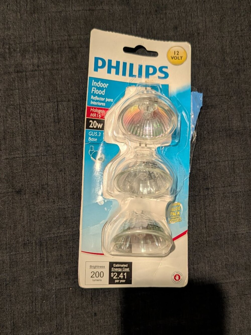 Philips MR16 Halogen Indoor Flood Light Bulbs 20W 12V GU5.3 Base 3-Pack NIB